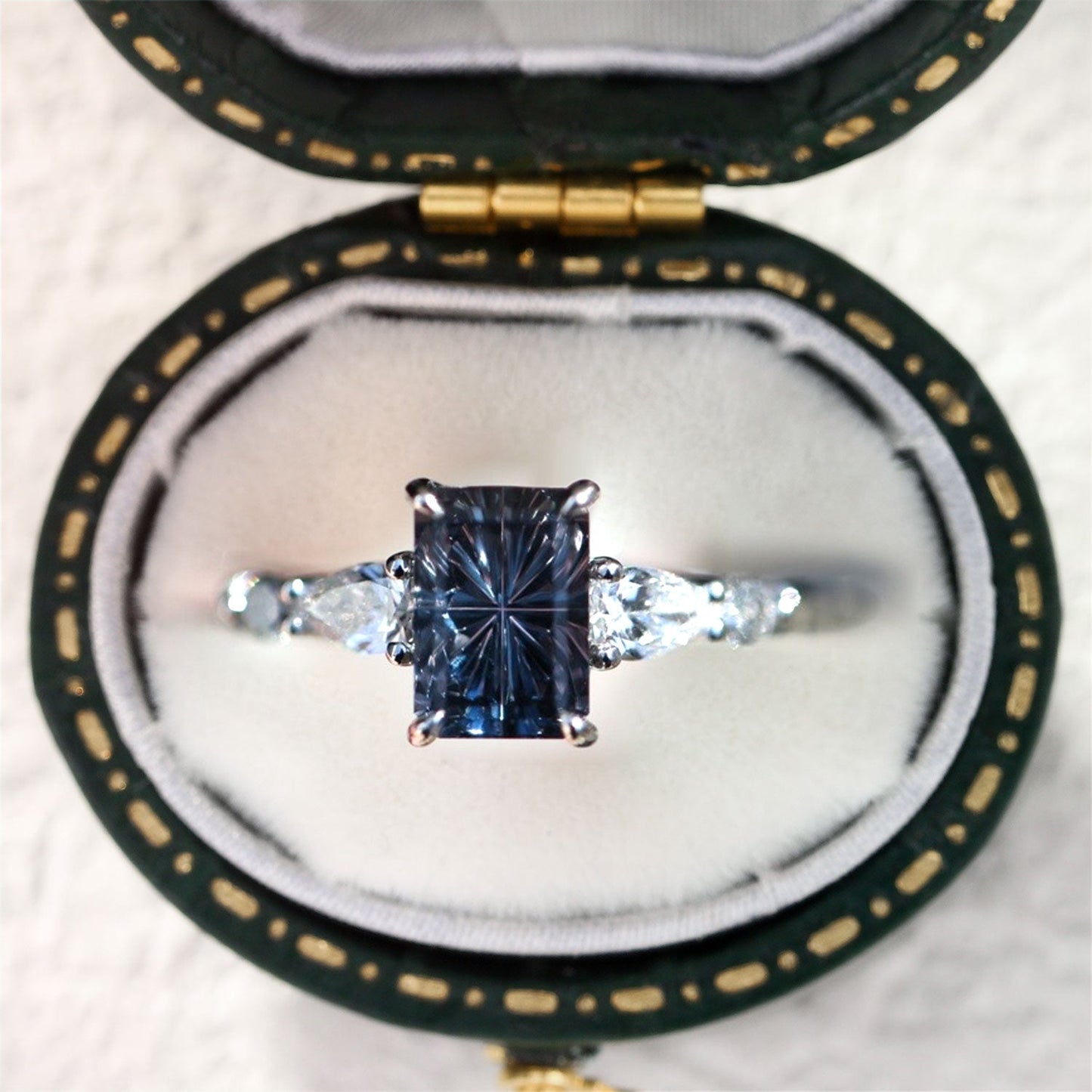 Unique Five Stone Emerald cut Lab Sapphire Ring