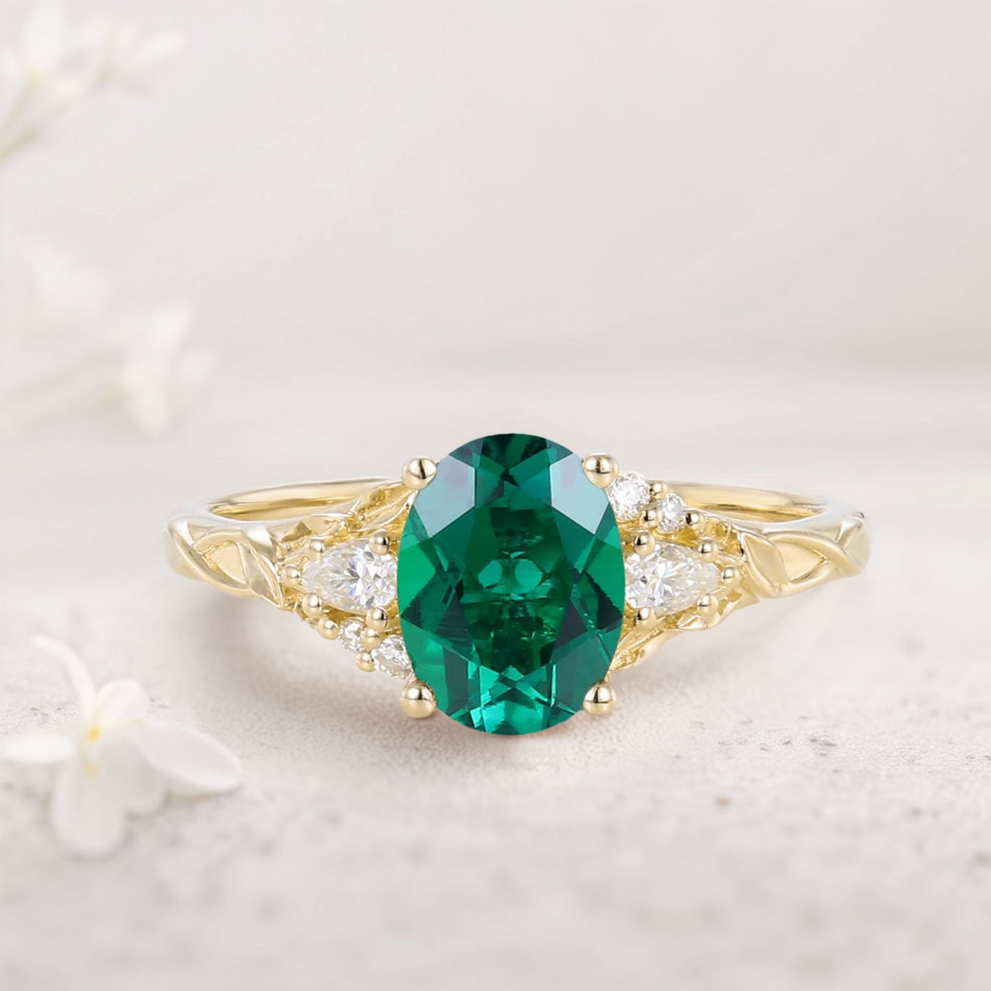 Unique Oval Lab Emerald and Moissanite Wedding Ring