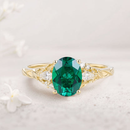 Unique Oval Lab Emerald and Moissanite Wedding Ring