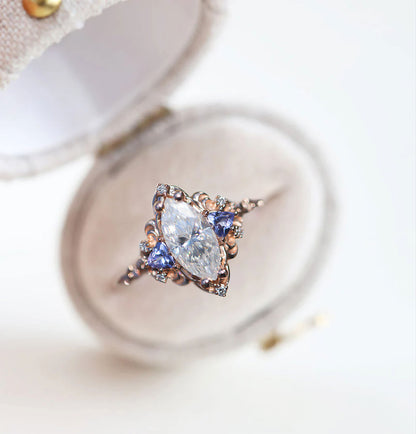 Unique Aurora Three Stone Marquise Moissanite and Color Moissanite Ring