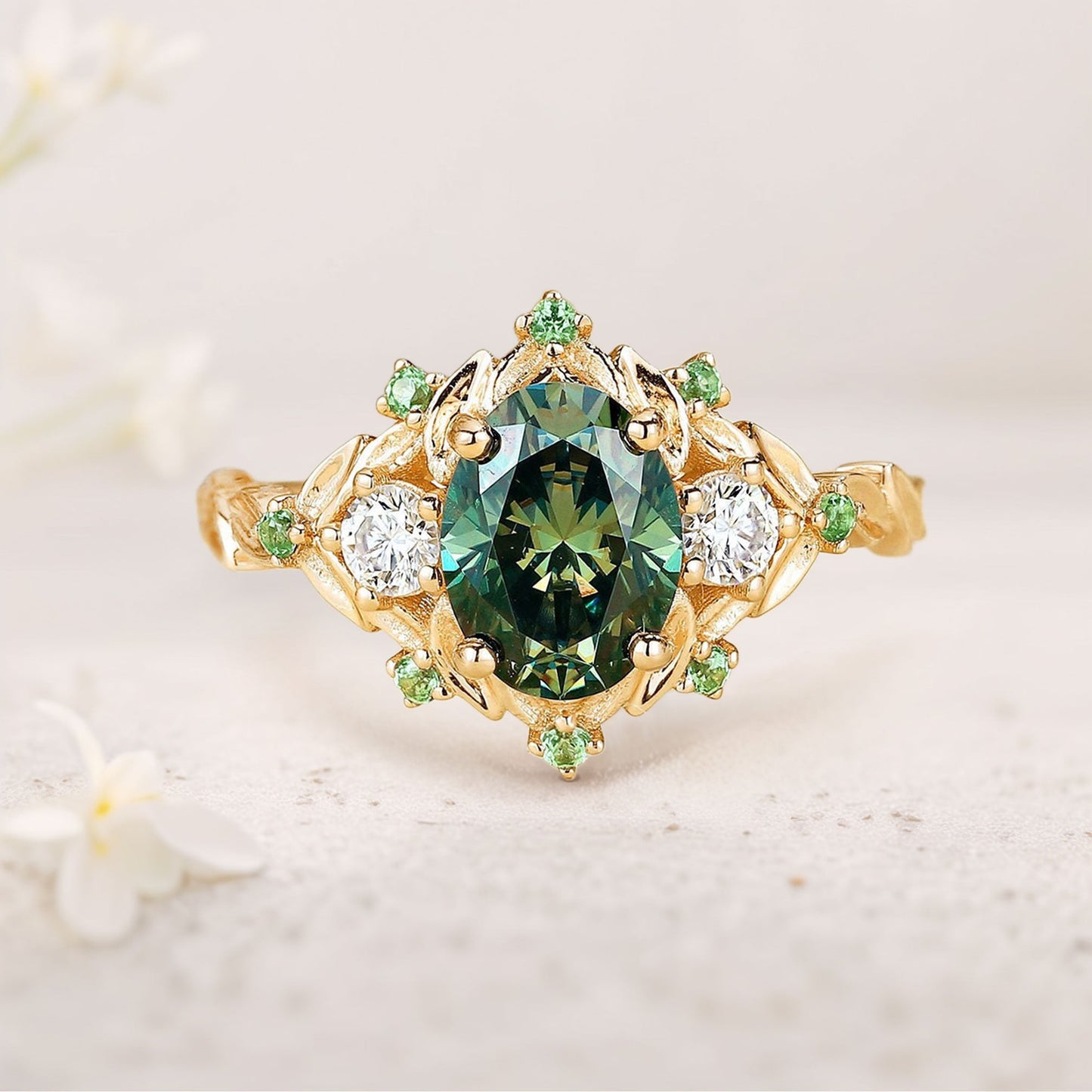 Vintage floral engagement rings Oval Green Moissanite Flower Engagement Ring Halo Promise Ring