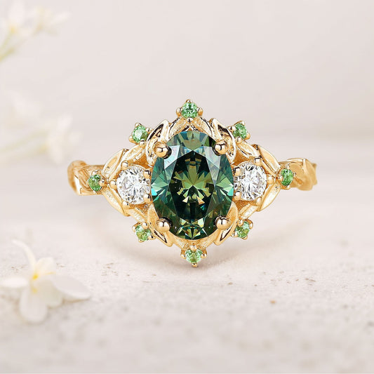 Vintage floral engagement rings Oval Green Moissanite Flower Engagement Ring Halo Promise Ring