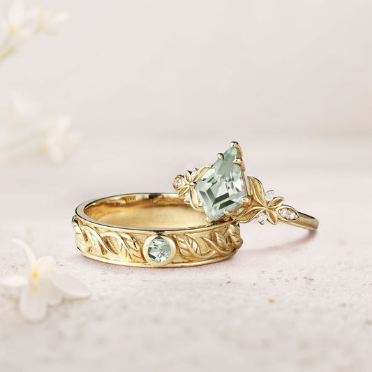 Unique Kite  Green Lab Sapphire Promise Engagement Ring Wedding  Ring Set For Couples
