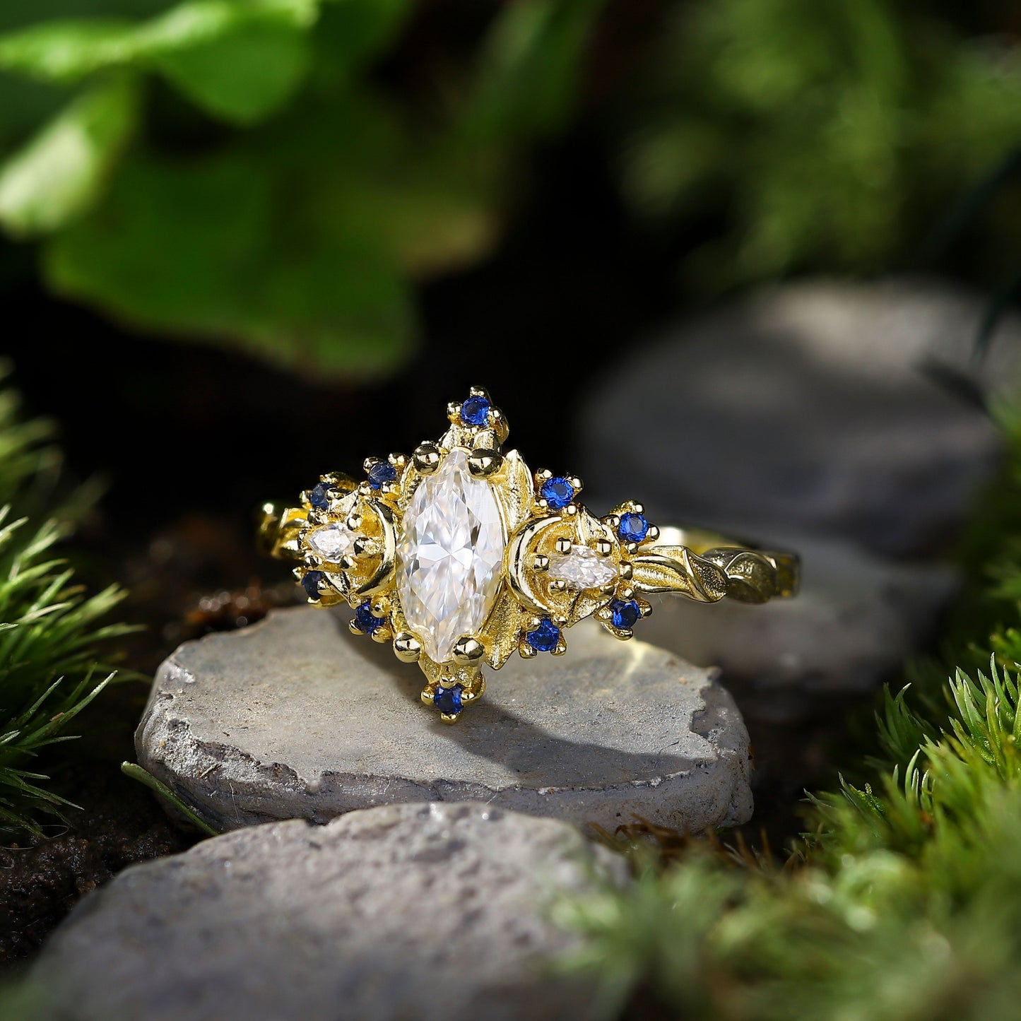 Unique Briar Moon Marquise Moissanite and Lab Blue Sapphire Ring