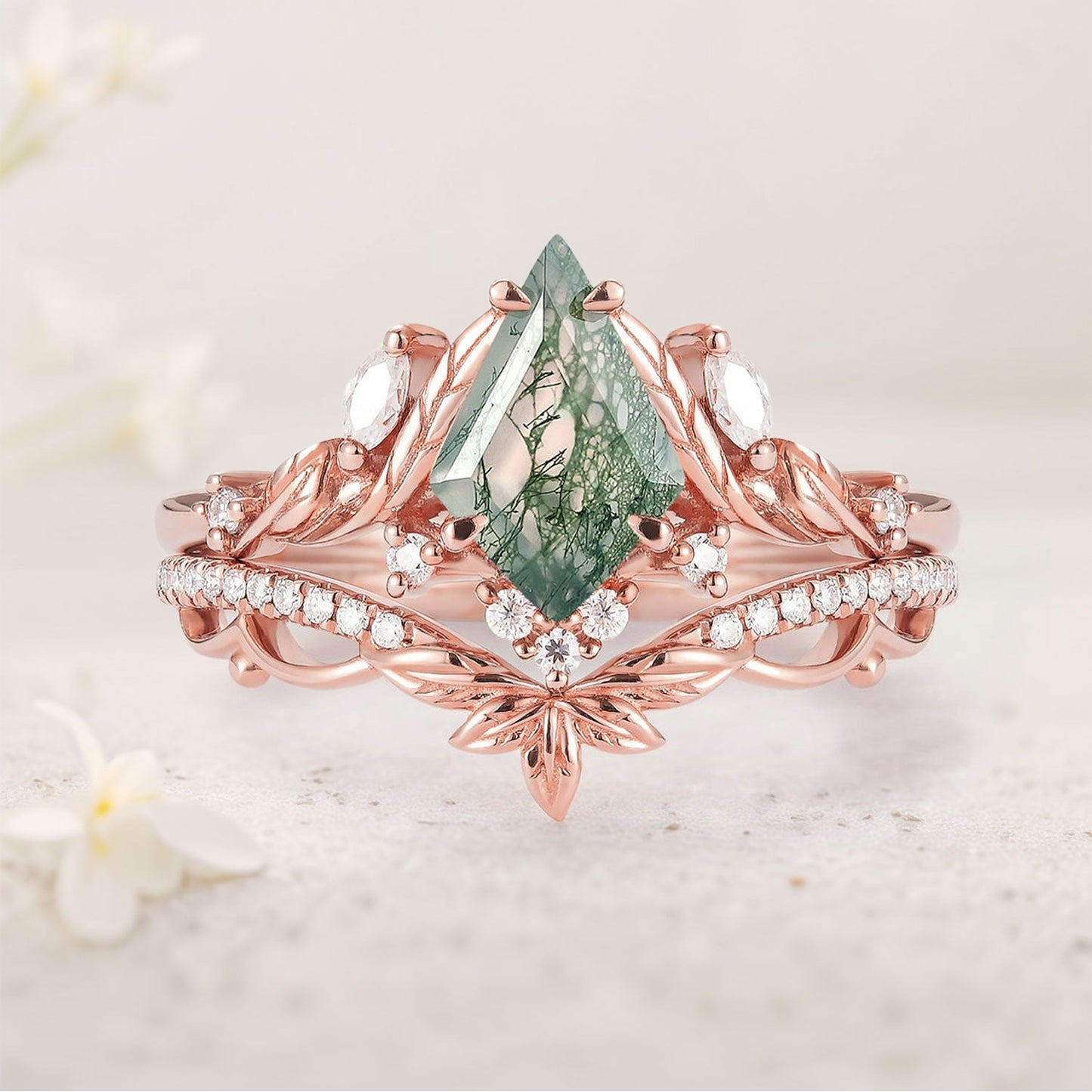 Unique floral engagement rings Kite Moss Agate Moissanite Leaf Engagement Ring Set