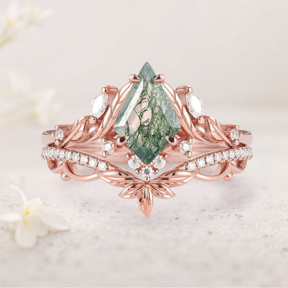 Unique floral engagement rings Kite Moss Agate Moissanite Leaf Engagement Ring Set