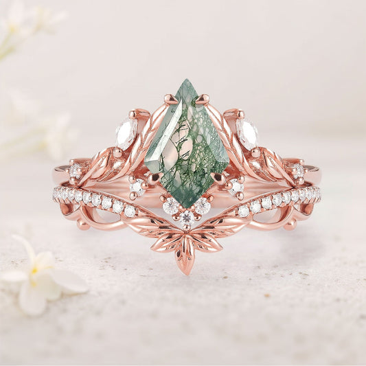 Unique floral engagement rings Kite Moss Agate Moissanite Leaf Engagement Ring Set