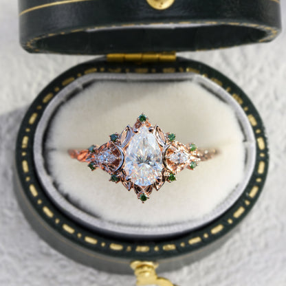 Unique floral engagement rings Moon Three Stone Pear Moissanite Ring