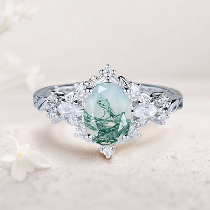 Vintage Briar Rose Oval Moss Agate Engagement Ring  Vine Ring