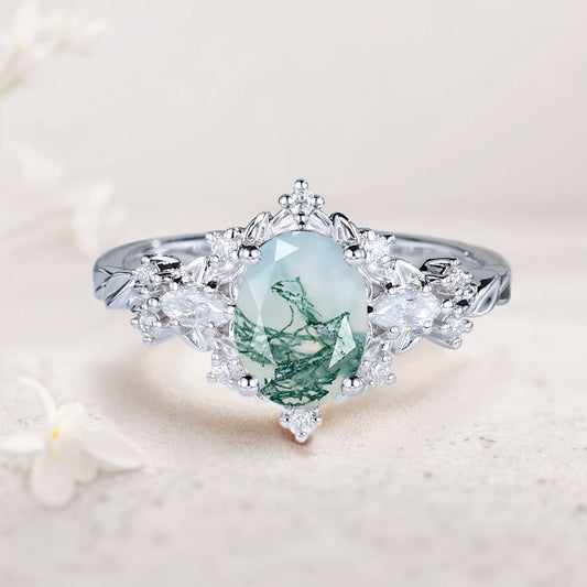 Vintage Briar Rose Oval Moss Agate Engagement Ring  Vine Ring