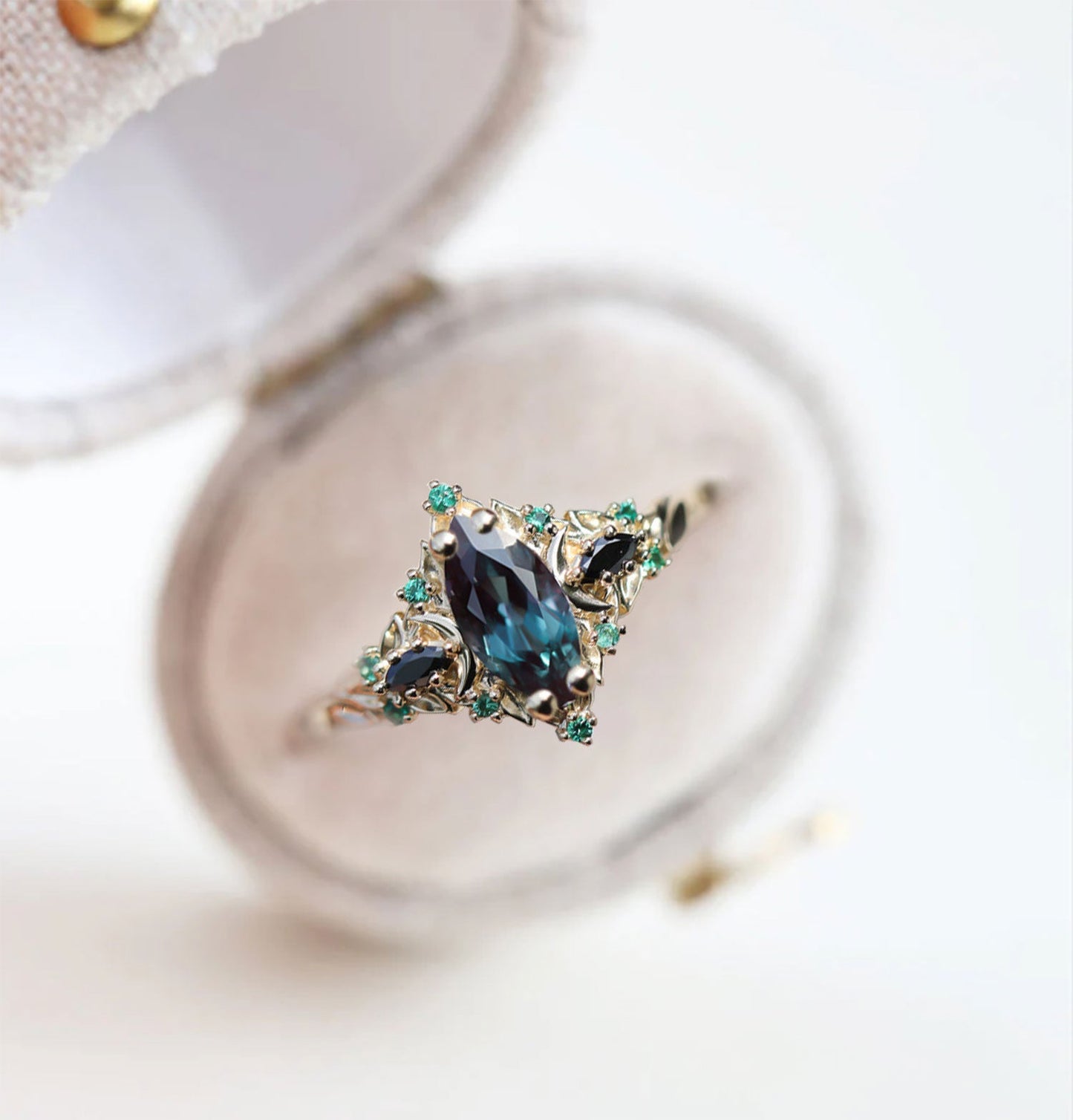 Unique Briar Moon Three Stone Marquise Lab Alexandrite and Lab Emerald Ring