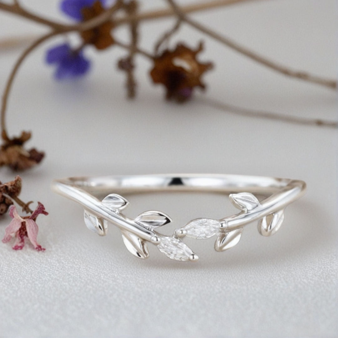 Unique Marquise Moissanite Wedding Band Leaf Moissanite Engagement Ring