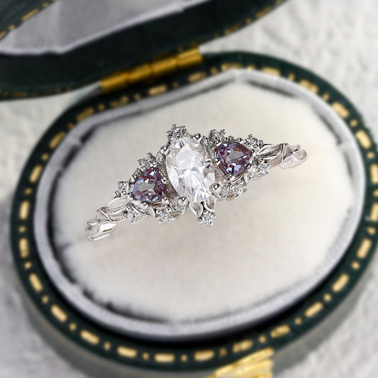 Unique Briar Rose Three Stone Oval Moissanite and Lab Alexandrite Wedding Ring