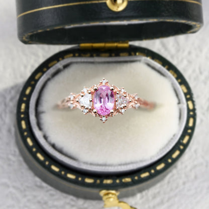 Unique Briar Rose Three Stone Oval Pink Lab Padparadscha Ring (Sunrise)