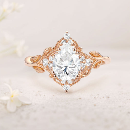 Vintage floral engagement rings Pear Moissanite Leafy Engagement Ring