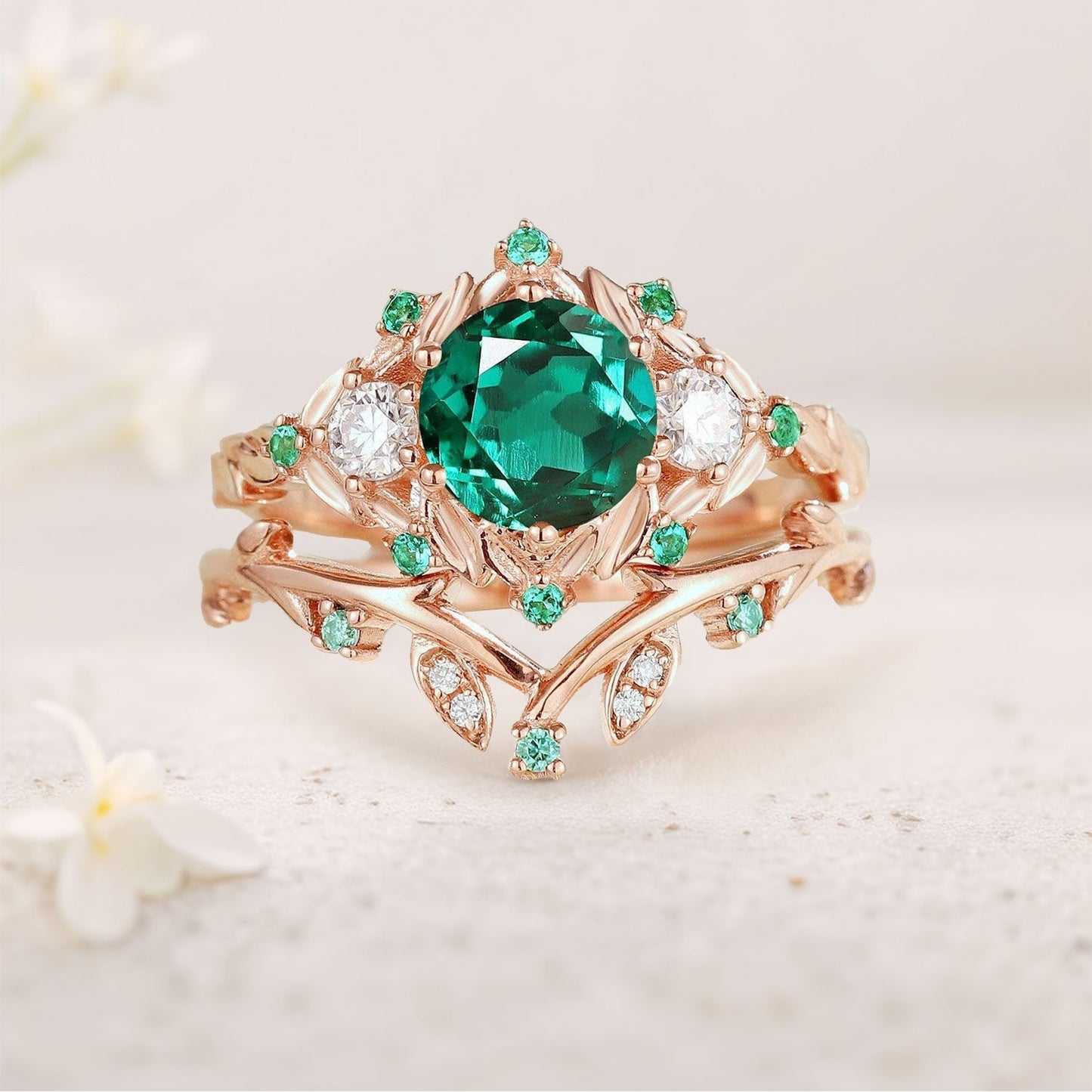 Vintage Round Lab Emerald Engagement Ring Set for women Leaf Wedding Ring Set
