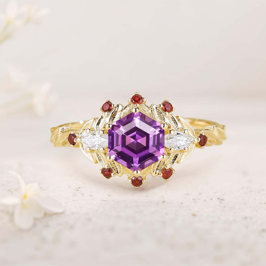 Unique floral engagement rings Hexagon Amethyst Flower Engagement Ring Leaf Wedding Ring For Women