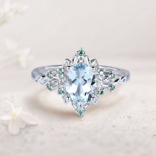 Vintage Briar Rose Oval Lab Aquamarine Engagement Ring Olive Leaves Ring
