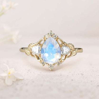 Unique Pear Lab Moonstone and Moissanite side stones Leaf Ring Engagement Ring
