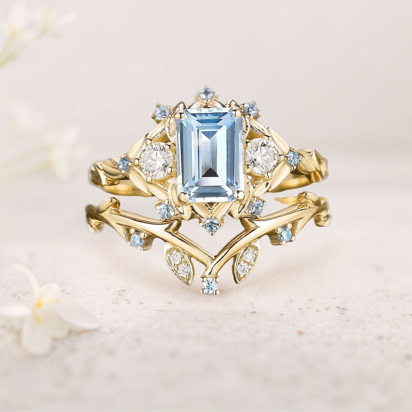 Unique floral engagement rings Emerald Cut Lab Aquamarine Floral Wedding Ring Promise Bridal Set