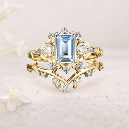 Unique floral engagement rings Emerald Cut Lab Aquamarine Floral Wedding Ring Promise Bridal Set