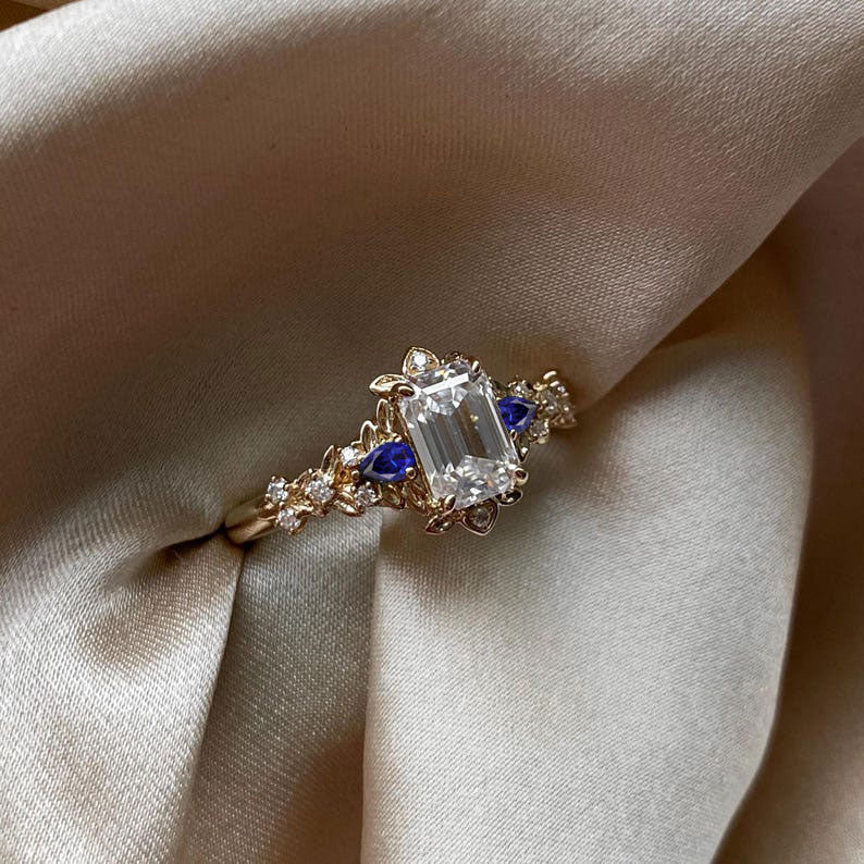 Customize your own Vintage Briar Rose Three Stone Emerald cut Moissanite and Sapphire Ring