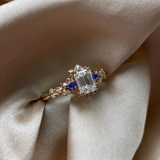 Customize your own Vintage Briar Rose Three Stone Emerald cut Moissanite and Sapphire Ring