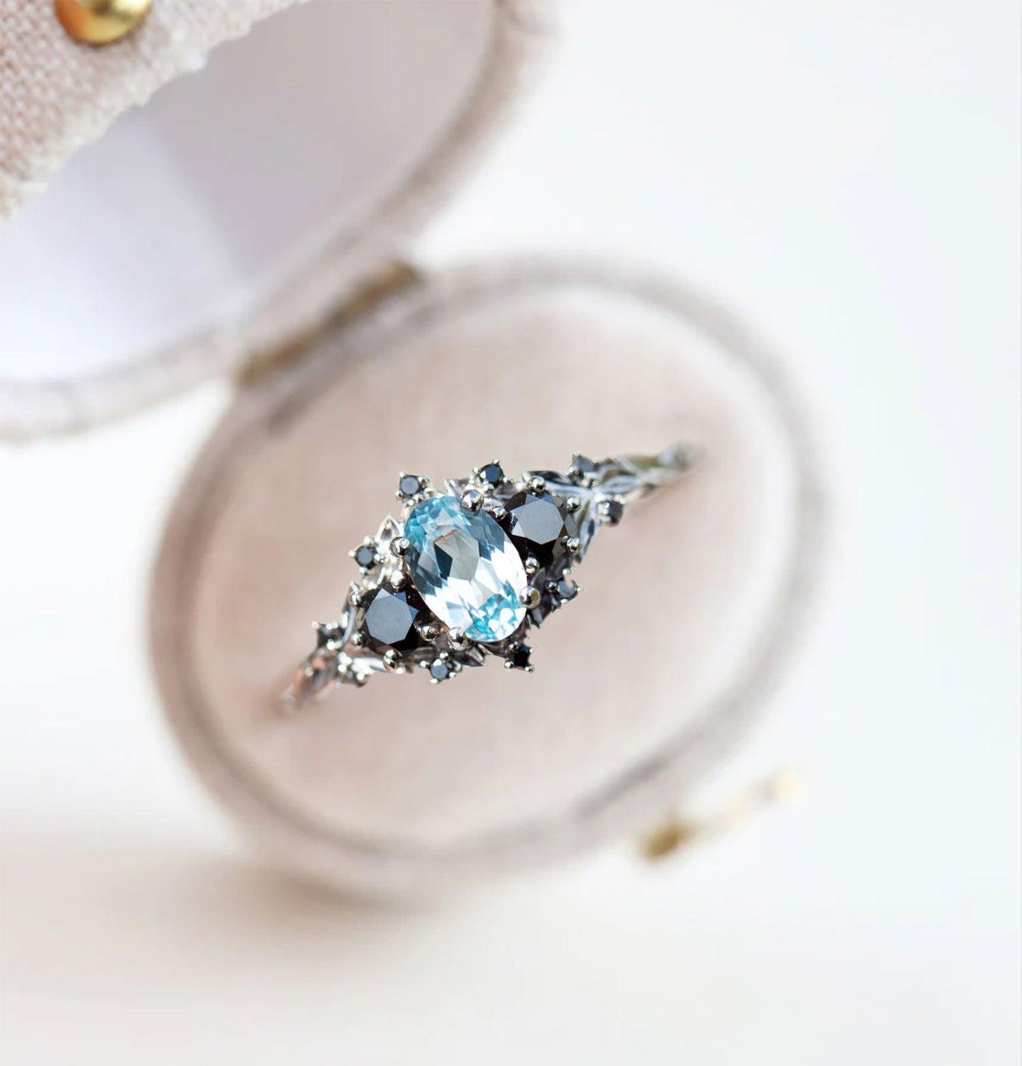 Unique Briar Rose Three Stone Oval Lab Topaz and Black Moissanite Ring