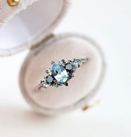 Unique Briar Rose Three Stone Oval Lab Topaz and Black Moissanite Ring