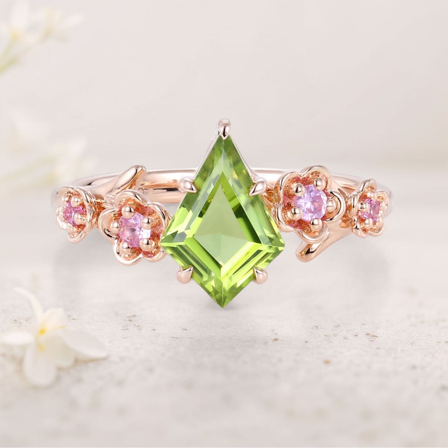Unique Kite Peridot Blossom Engagement Ring Charming Flora Bridal Ring