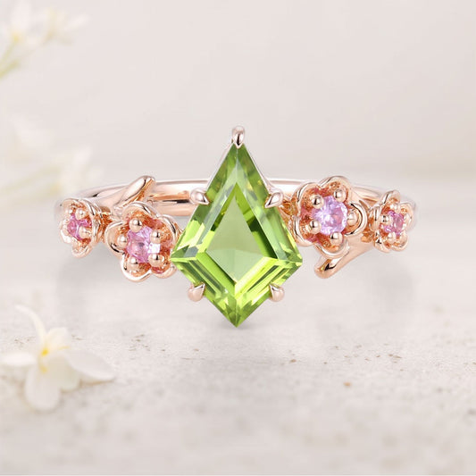 Unique Kite Peridot Blossom Engagement Ring Charming Flora Bridal Ring