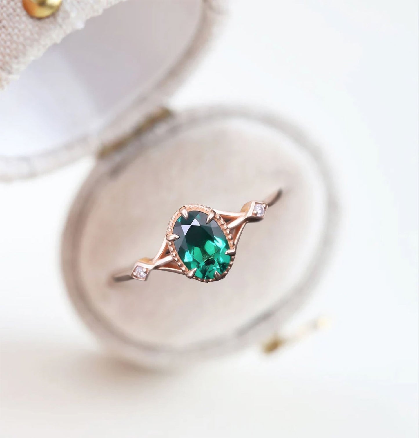 Vintage Milgrain Oval Lab Emerald Ring