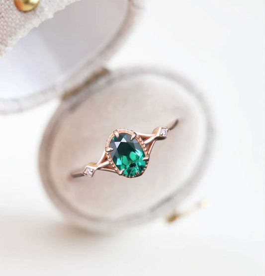 Vintage Milgrain Oval Lab Emerald Ring