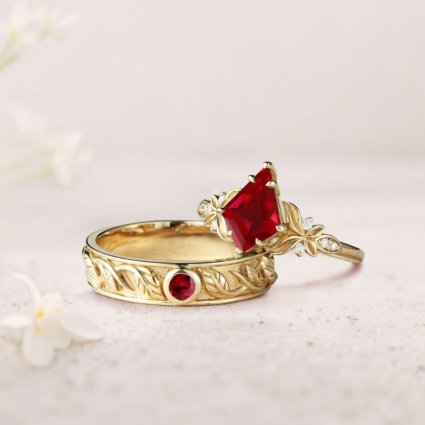 Unique Kite Lab Ruby Promise Engagement Ring Wedding  Ring Set For Couples