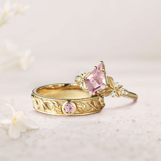 Unique Kite Lab Padparadscha Promise Engagement Ring Wedding  Ring Set For Couples