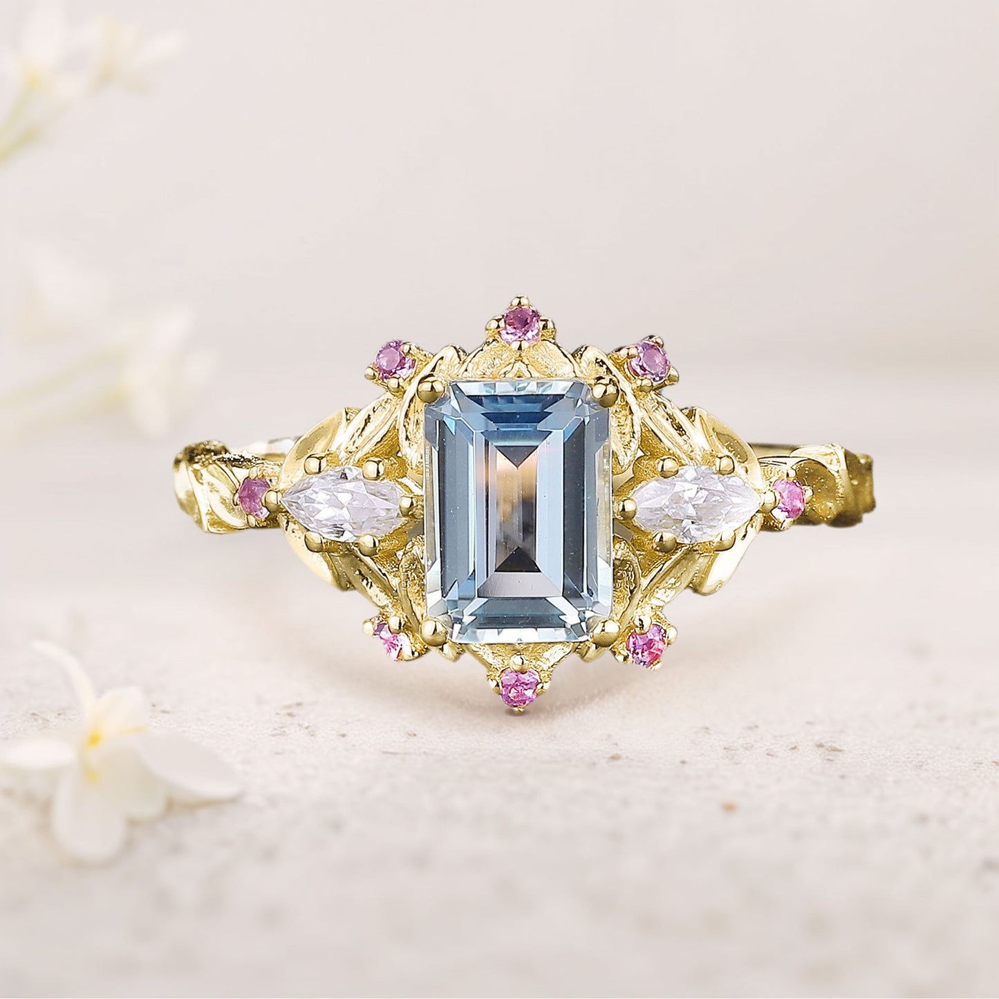 Unique floral engagement rings Emerald Cut Lab Aquamarine Engagement Ring Pink Sapphire Flower Wedding Ring