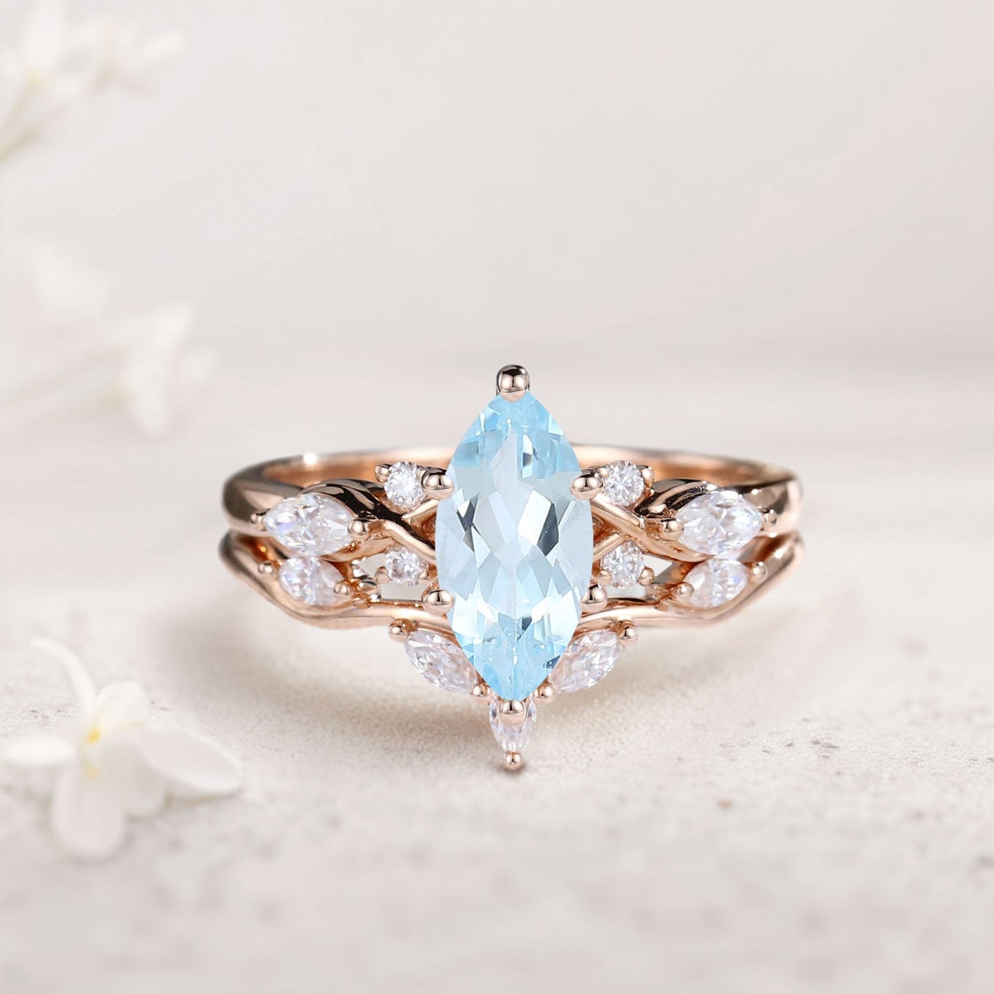 Unique Marquise Lab Aquamarine and Moissanite Wedding Ring Set Bridal Ring Set