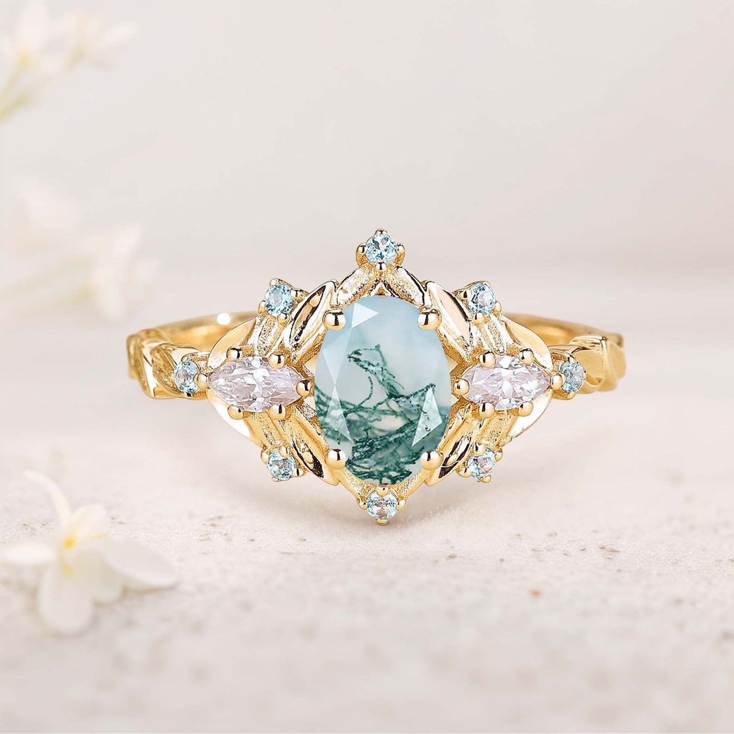 Unique floral engagement rings Oval Moss Agate Fairy Engagement Ring Art Deco Blue Topaz Cluster Wedding Ring