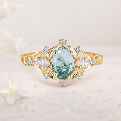 Unique floral engagement rings Oval Moss Agate Fairy Engagement Ring Art Deco Blue Topaz Cluster Wedding Ring