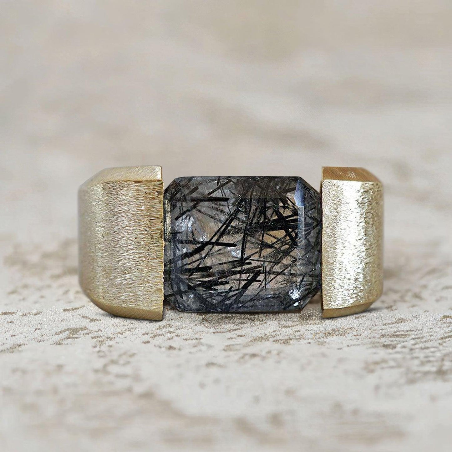 Unique Robo Emerald Lab Black Rutilated Quartz Ring Band For Men