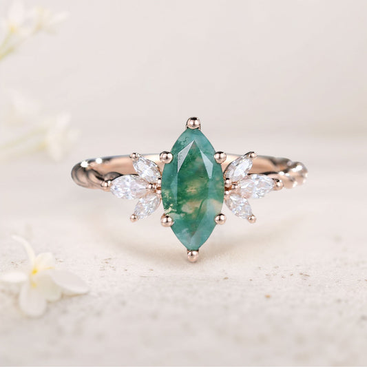 Unique Marquise Moss Agate Ring Twisted Engagement Ring