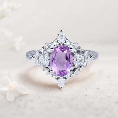 Vintage Floral Briar Rose Oval Amethyst and Moissanite Engagement Ring Filigree Ring