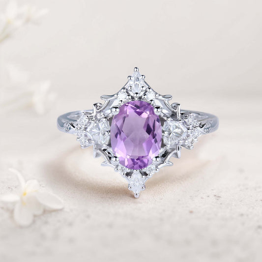 Vintage Floral Briar Rose Oval Amethyst and Moissanite Engagement Ring Filigree Ring