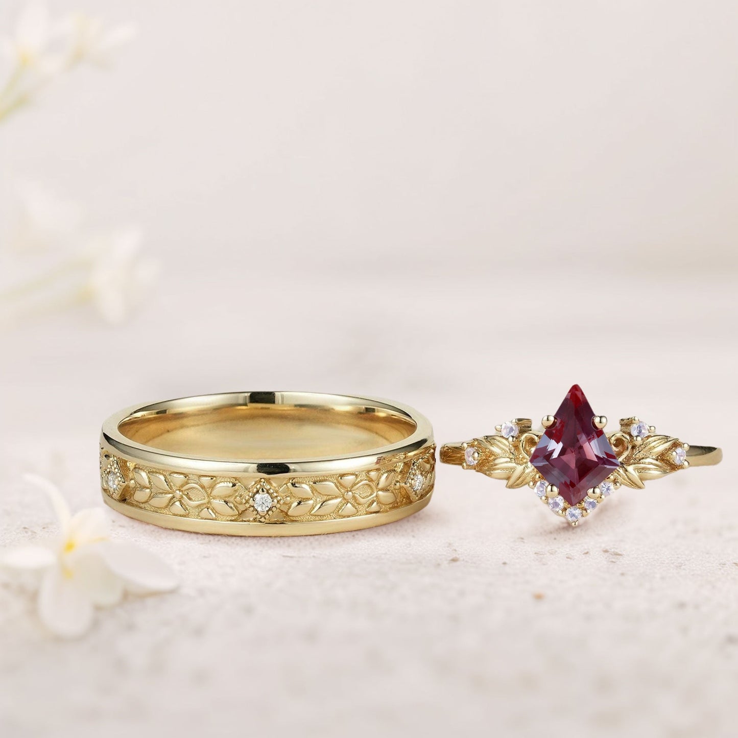 Vintage Kite Lab Alexandrite Promise Ring Engagement Ring Set for Couples