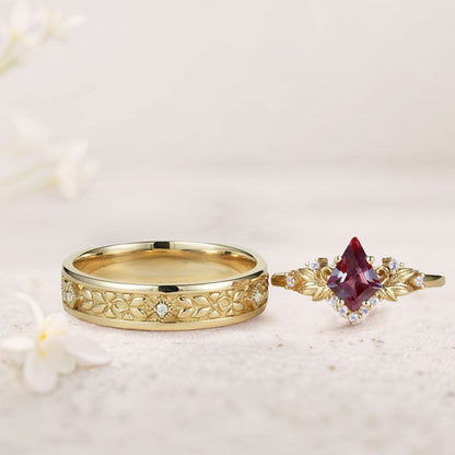 Vintage Kite Lab Alexandrite Promise Ring Engagement Ring Set for Couples