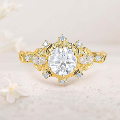 Unique floral engagement rings Round Citrine Flower Engagement Ring Art Deco Leaf Wedding Ring