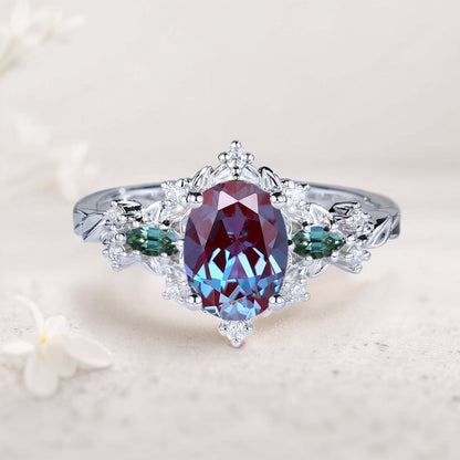 Vintage Briar Rose Oval Lab Alexandrite and Tear Moissanite Engagement Ring Vine Ring