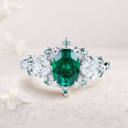 Unique Starlight Oval Lab Emerald Engagement Ring