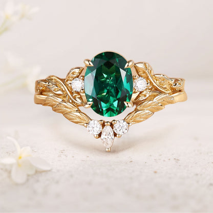 Unique floral engagement rings Nature Inspired Oval Lab Emerald  Engagement Ring Set
