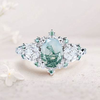 Unique Starlight Moss Agate Engagement Ring